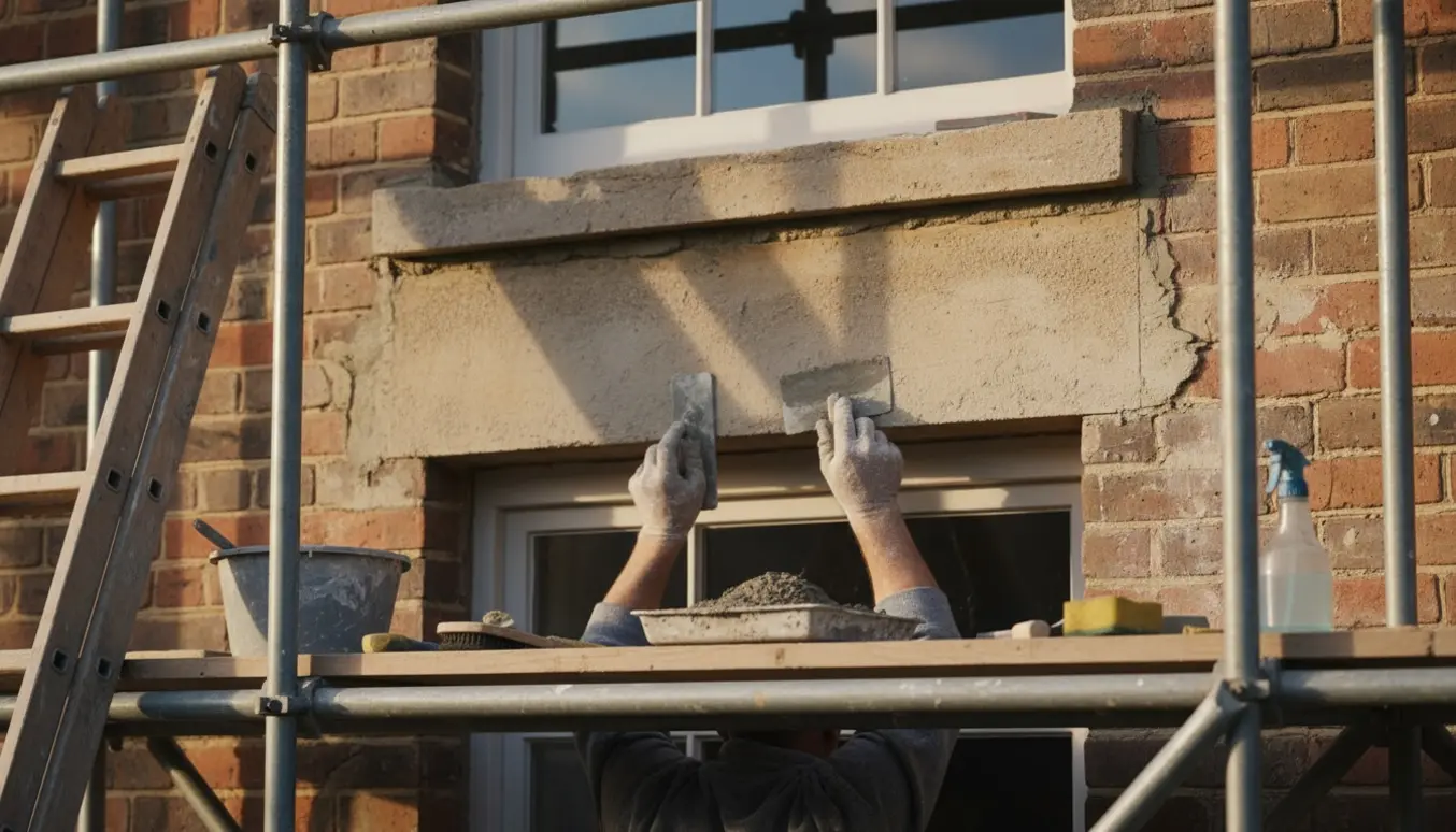 Nærbillede af håndværkerhænder, der reparerer murfuger og puds over et vindue med murske og mørtel.