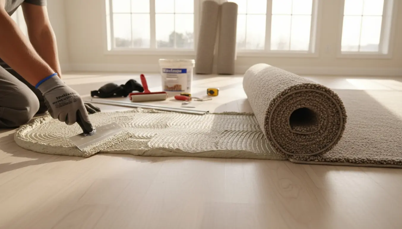 Installatør ruller og limer et stort neutralt tæppe ud i et lyst værelse med værktøj spredt omkring.