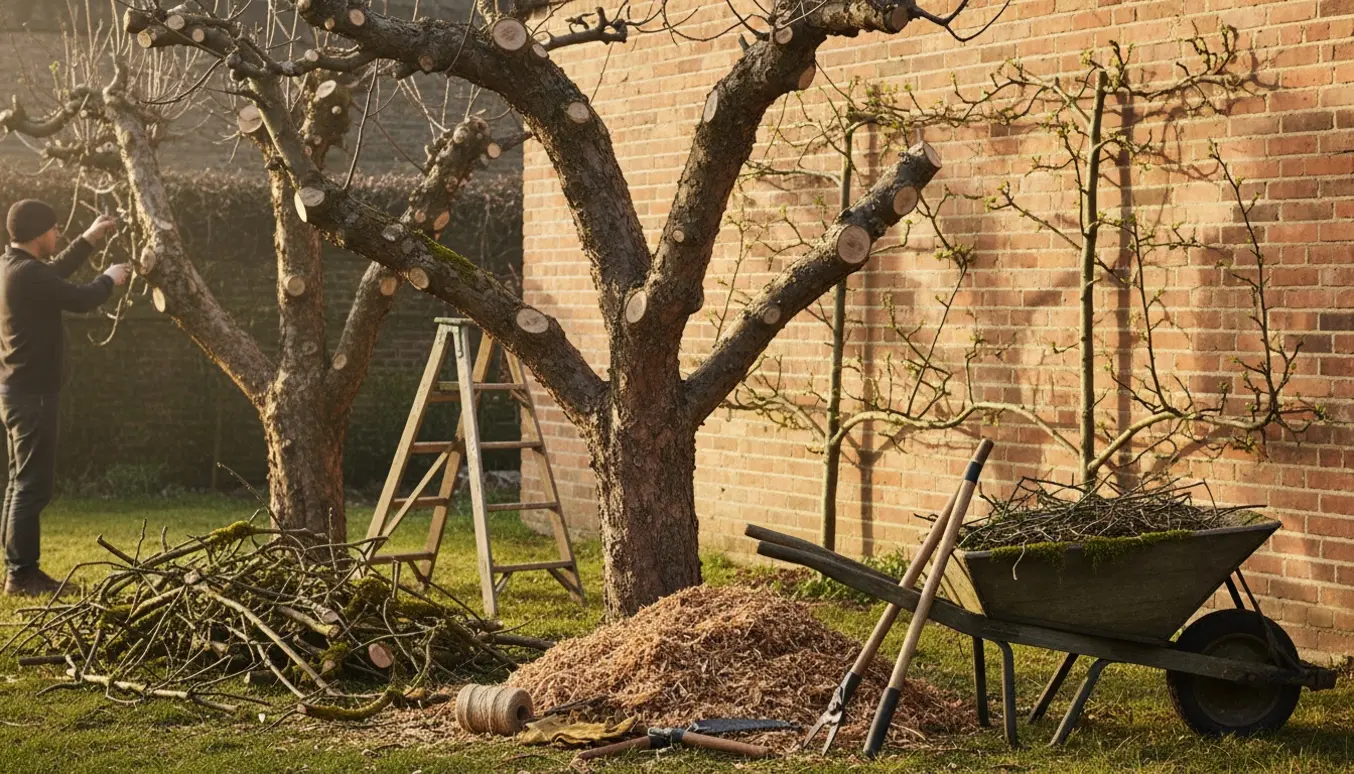 Overblik over beskæring af tre store frugttræer og to espaliertræer med værktøj og afsavede grene.