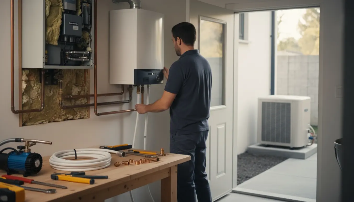 Tekniker fjerner en gammel gaskedel og vandbeholder i et lyst teknikrum, med en moderne luft-til-vand varmepumpe synlig udenfor.