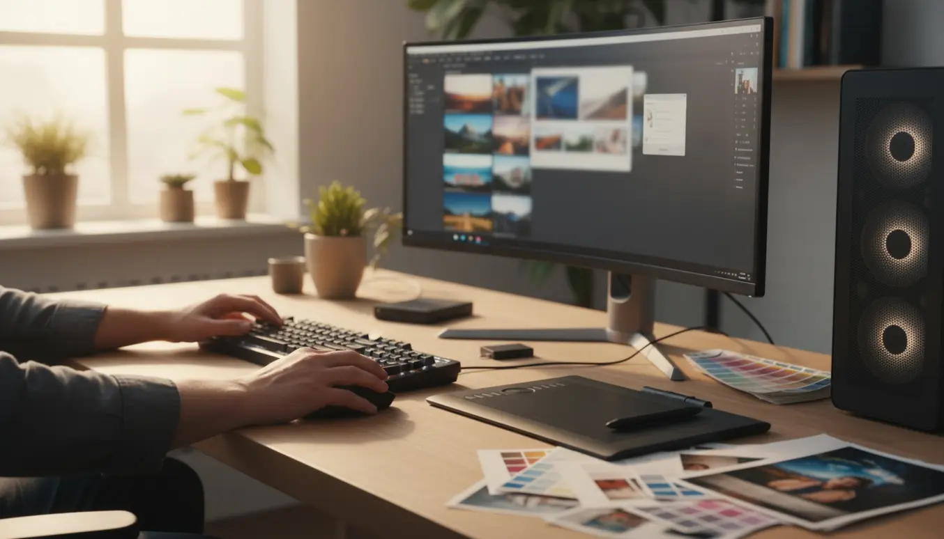 Hænder ved en stationær pc, der fejlfinder et fotoprogram med en uklar fejlmeddelelse på skærmen.