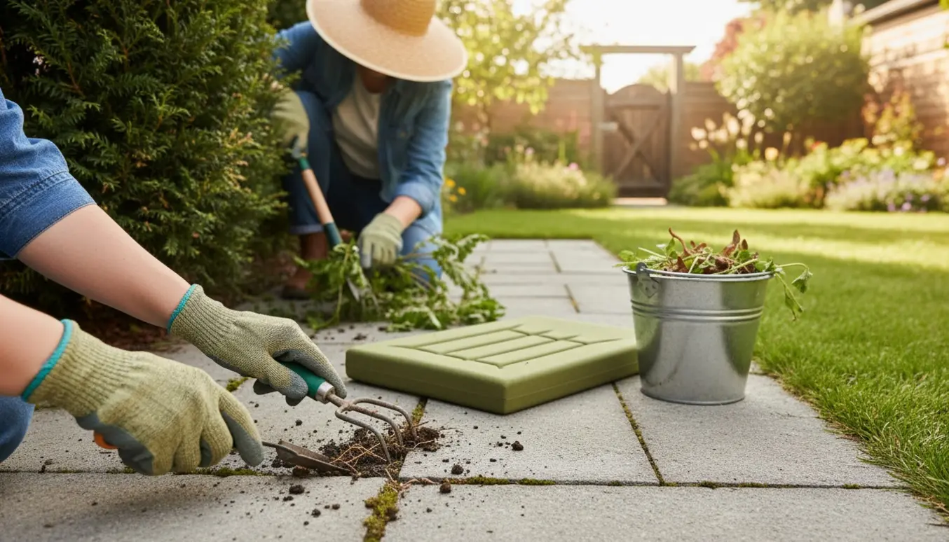 Handskerede hænder luger ukrudt mellem fliser og ved bunden af en hæk i en solbeskinnet for- og baghave.