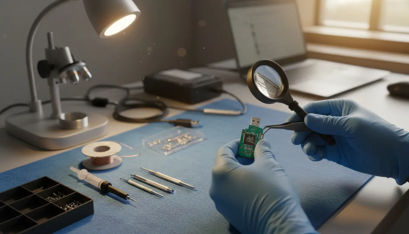 Hænder i ESD-handsker arbejder med pincet og lup på en fysisk ødelagt USB-nøgle på et reparationsbord med præcisionsværktøj.