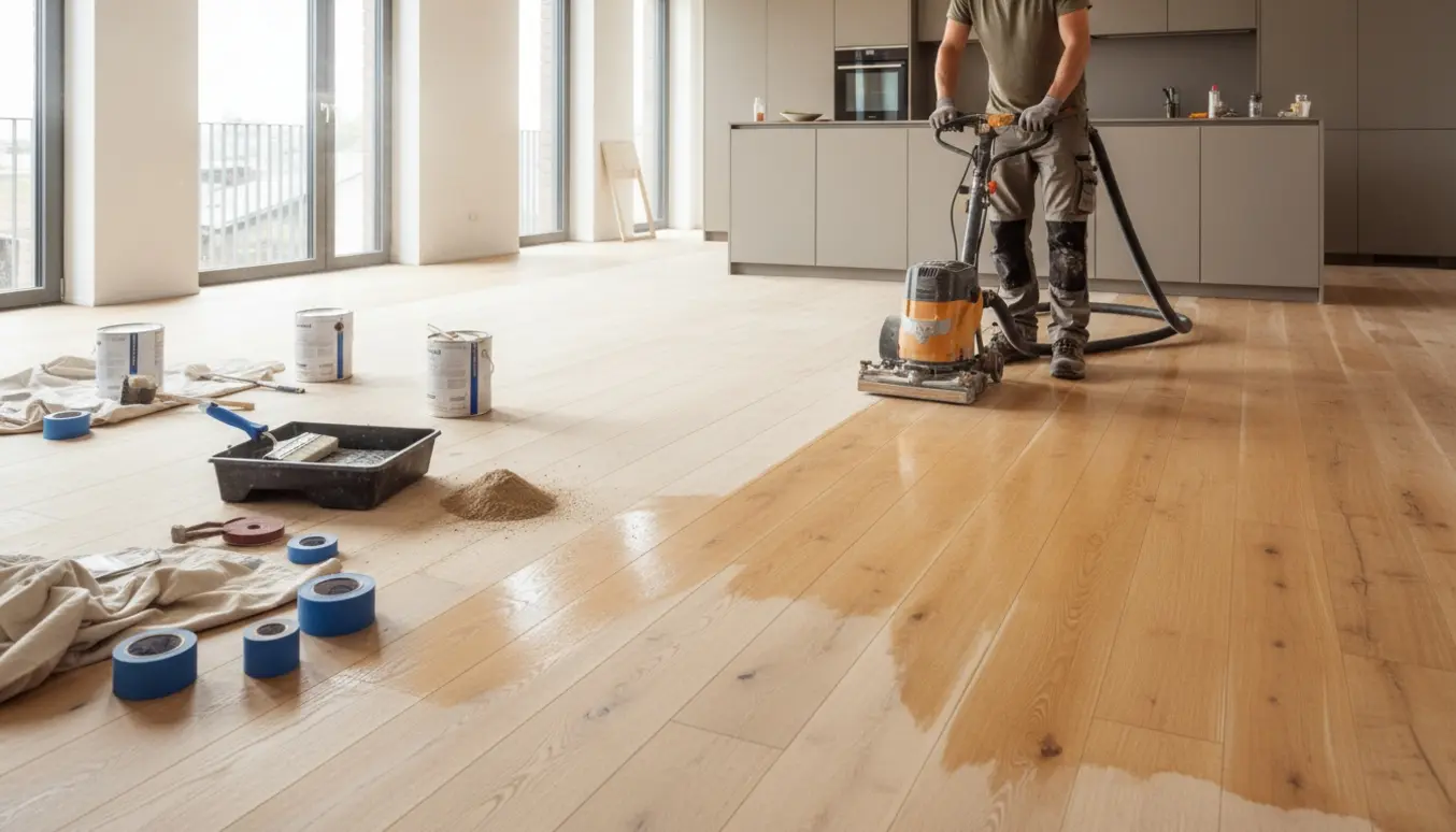 Tomt køkken-alrum med gulv under slibning og en sektion nylakeret i varm farve, med slibemaskine og lakdåser ved siden af.