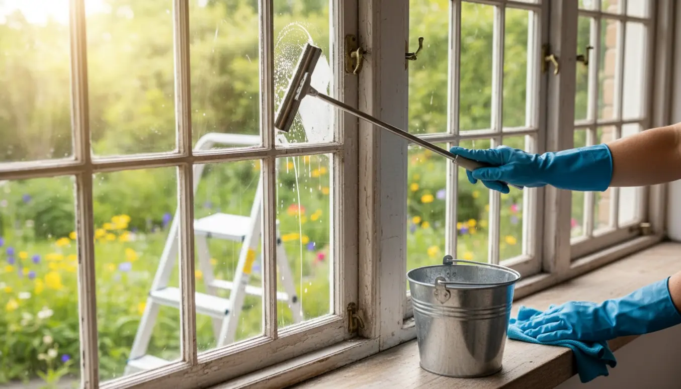Hænder pudser gamle sprossevinduer og tre glasdøre med nal og klud i blødt dagslys.