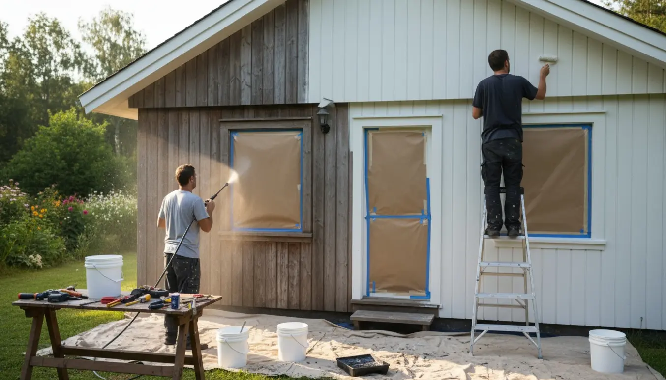 Udvendig grundrens og maling af træ-sommerhus med afdækkede vinduer, malerværktøj og maler på stige.