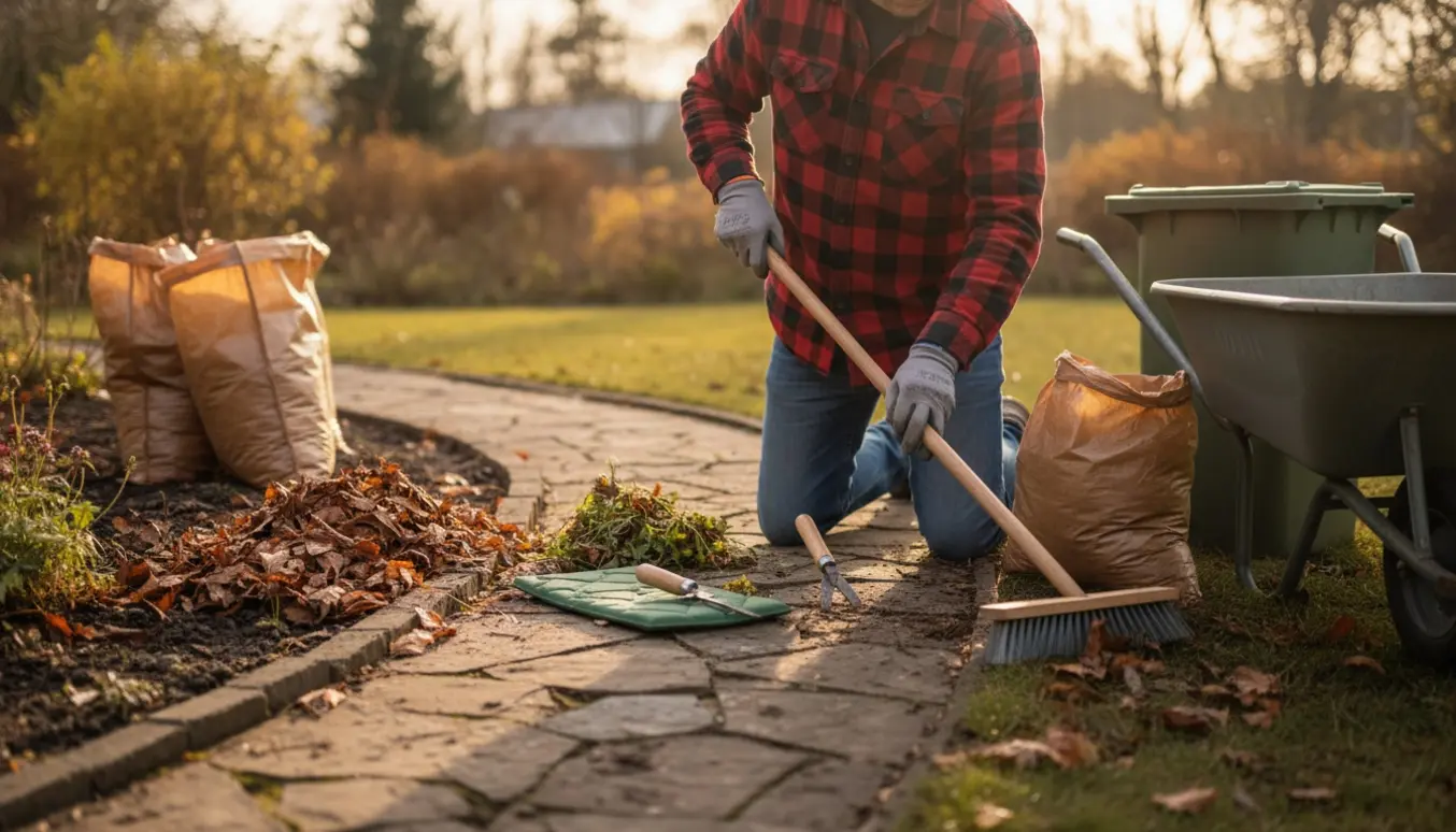 Hænder fejer blade sammen og fjerner ukrudt i en have med haveaffaldssække og container i baggrunden.