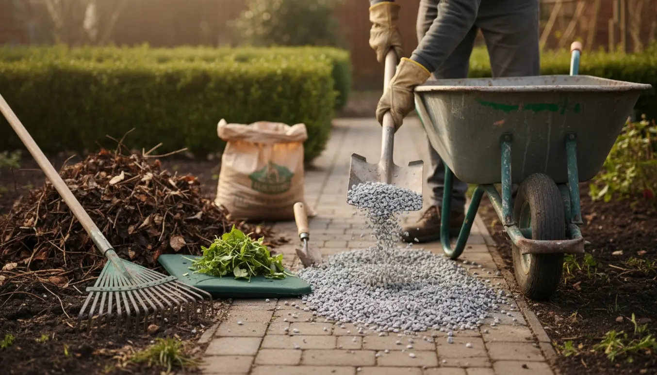 Hænder i havehandsker spreder skærver på en gang, mens en rive samler blade og en trillebør med grus står klar.