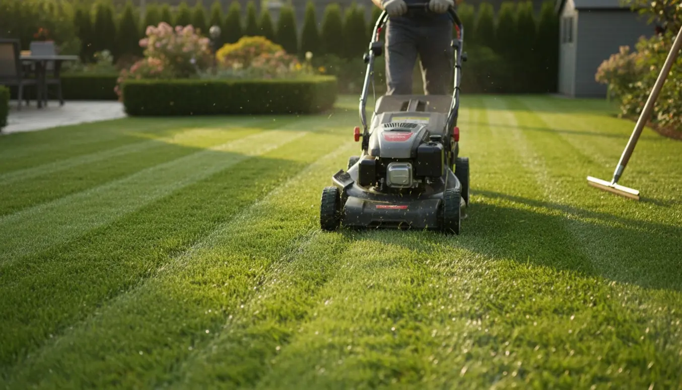Stor græsplæne bliver slået med plæneklipper, mens kanterne forbliver urørte.
