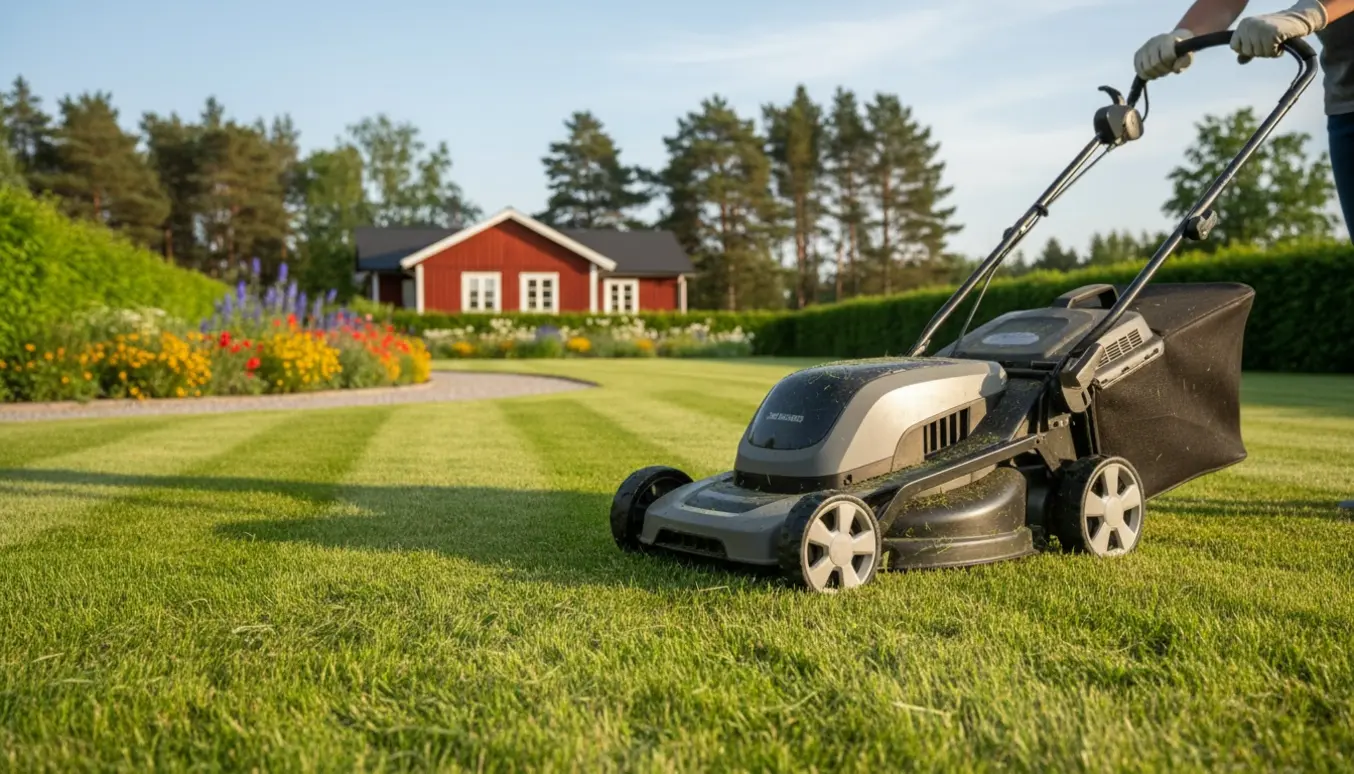 Nyslået plæne foran et sommerhus med en plæneklipper, der samler græsafklip.
