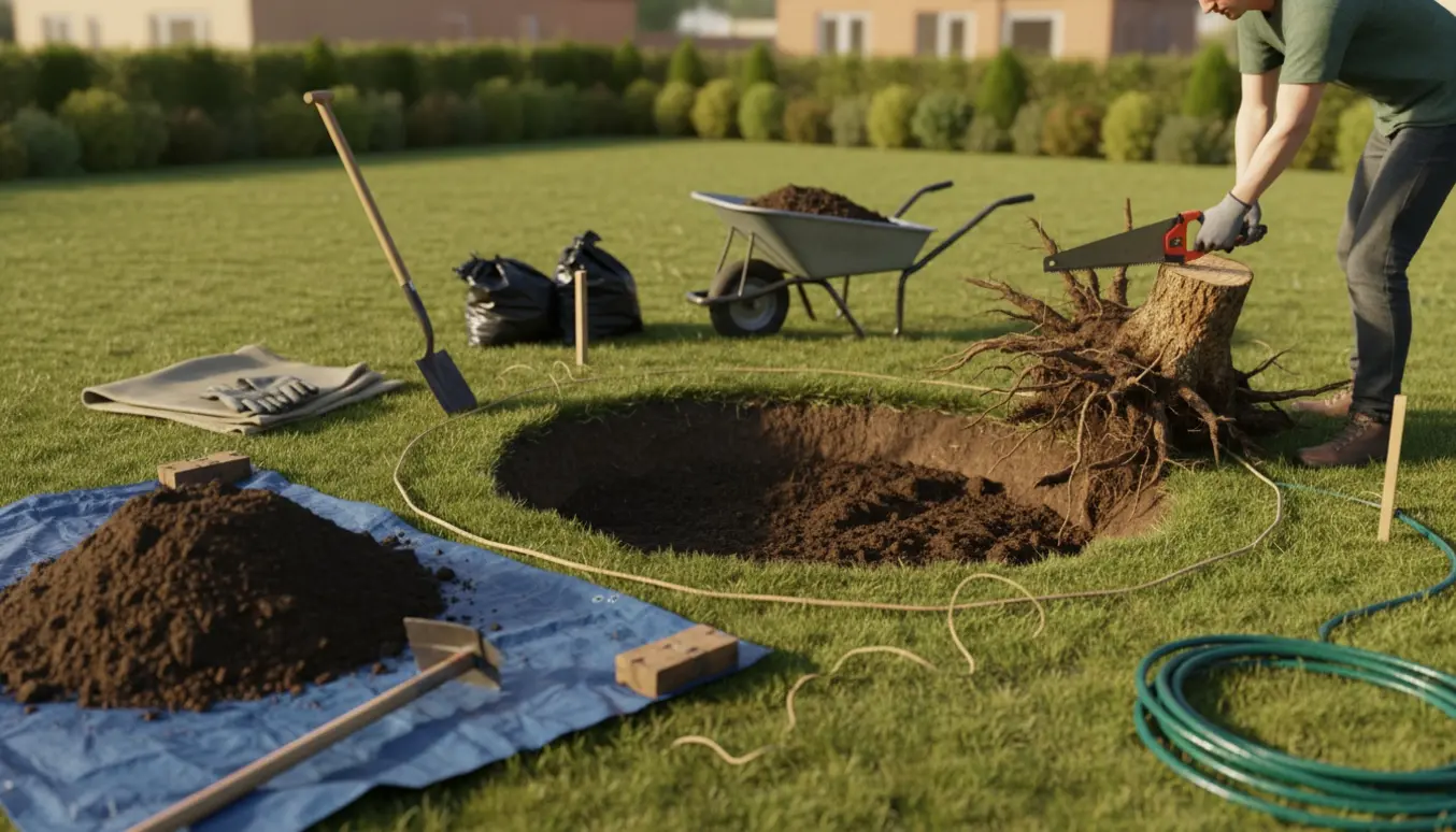 Udvogningsarbejde til en oval trampolin med eksponeret rodstump, graveværktøj og jord i en have.