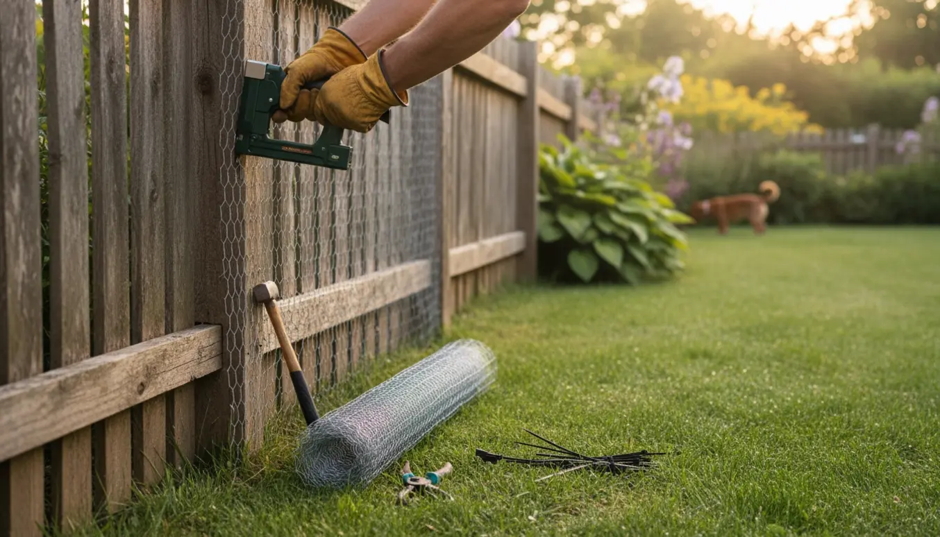 En person monterer trådhegn på indersiden af et træhegn ved tæt buskads for at forhindre en hund i at løbe væk.