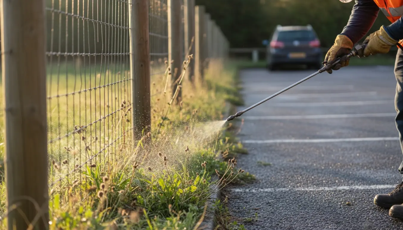 Person sprøjter ukrudt langs et hegn ved indkørsel og parkeringsplads med rygsprøjte, ansigt ikke synligt.