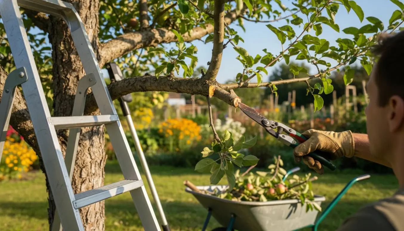 Beskæring af en gren på et æbletræ omkring 2–3 meters højde, hænder i handsker bruger beskæresaks.