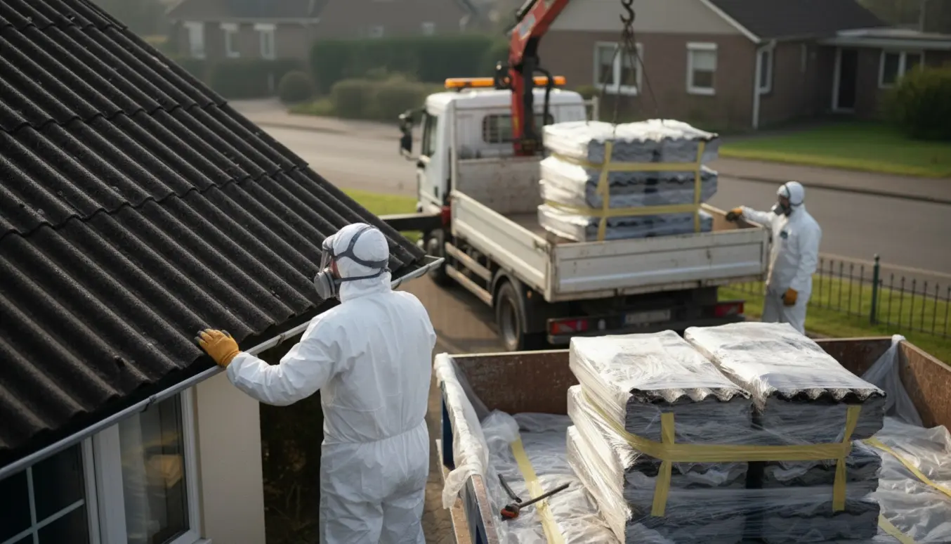 Arbejdere i beskyttelsesdragter fjerner og indpakker gamle eternitplader til sikker bortskaffelse ved et enfamiliehus.