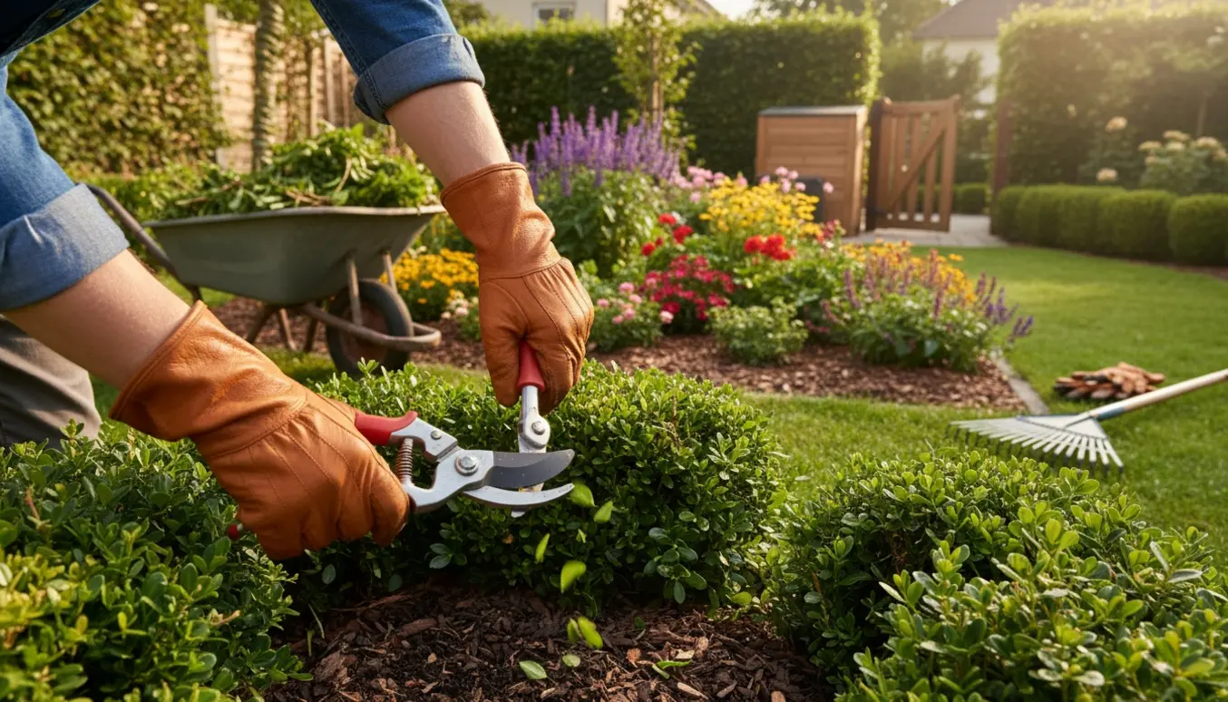 Hænder med beskærersaks klipper en busk i en velplejet forhave med haveredskaber og en vogn med afklip.