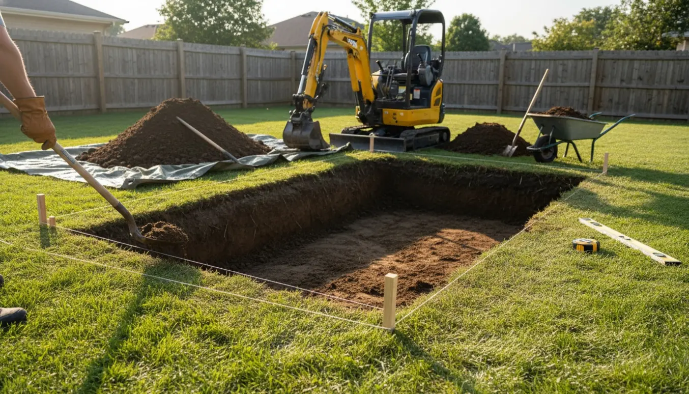 Udgravning af et rektangulært hul i en baghave til nedgravet trampolin med gravemaskine og jordbunker.