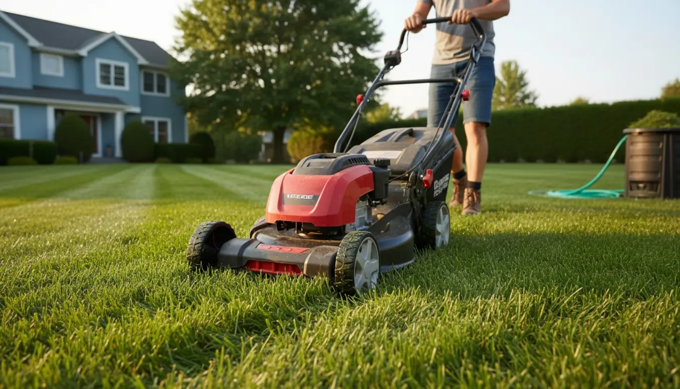 En person slår en velplejet græsplæne med plæneklipper i blødt, gyldent dagslys.