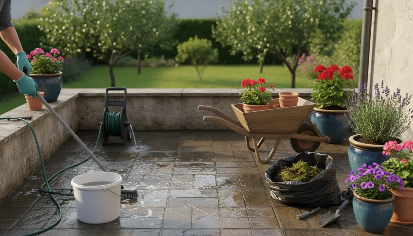 Nærbillede af skrubning af fliser på tagterrasse med krukker og nye blomster klar til plantning.