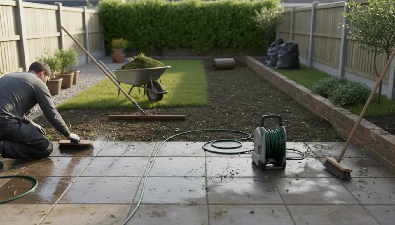 Have på ca. 10x6 m med en person (uden synligt ansigt) der renser fliser og retter græsplænen, med værktøj og fyldte affaldssække.