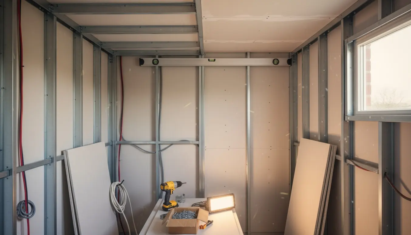 Indvendigt udhus under renovering med stålskelet og delvist opsatte gipsplader, mens loftet udjævnes.