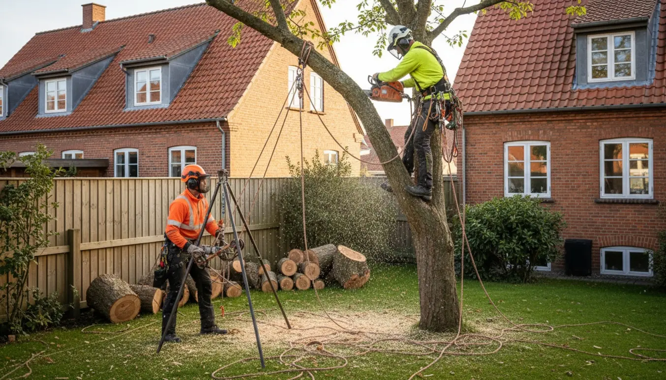 Arborist fælder et træ i små sektioner tæt på hus og skel i en dansk forstad.