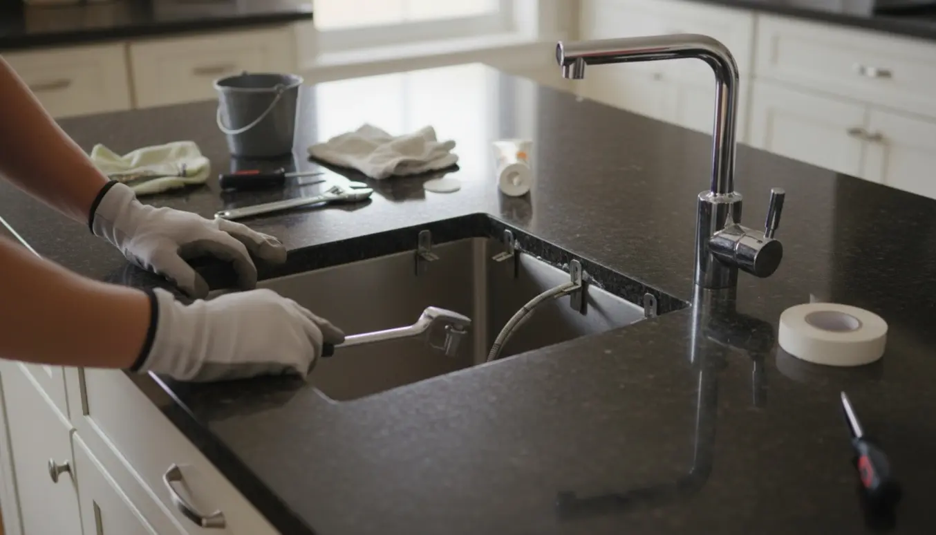 Hænder monterer en ny underlimet vask og armatur i en granitbordplade i et lyst køkken.