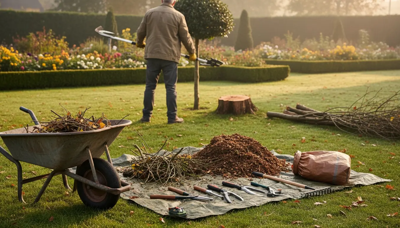 En erfaren havemand beskjærer små træer og samler haveaffald i en velholdt have.