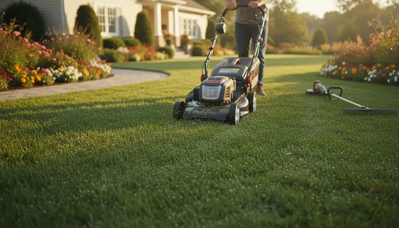 En plæneklipper i arbejde på en nyslået græsplæne foran et hus med rene kanter.