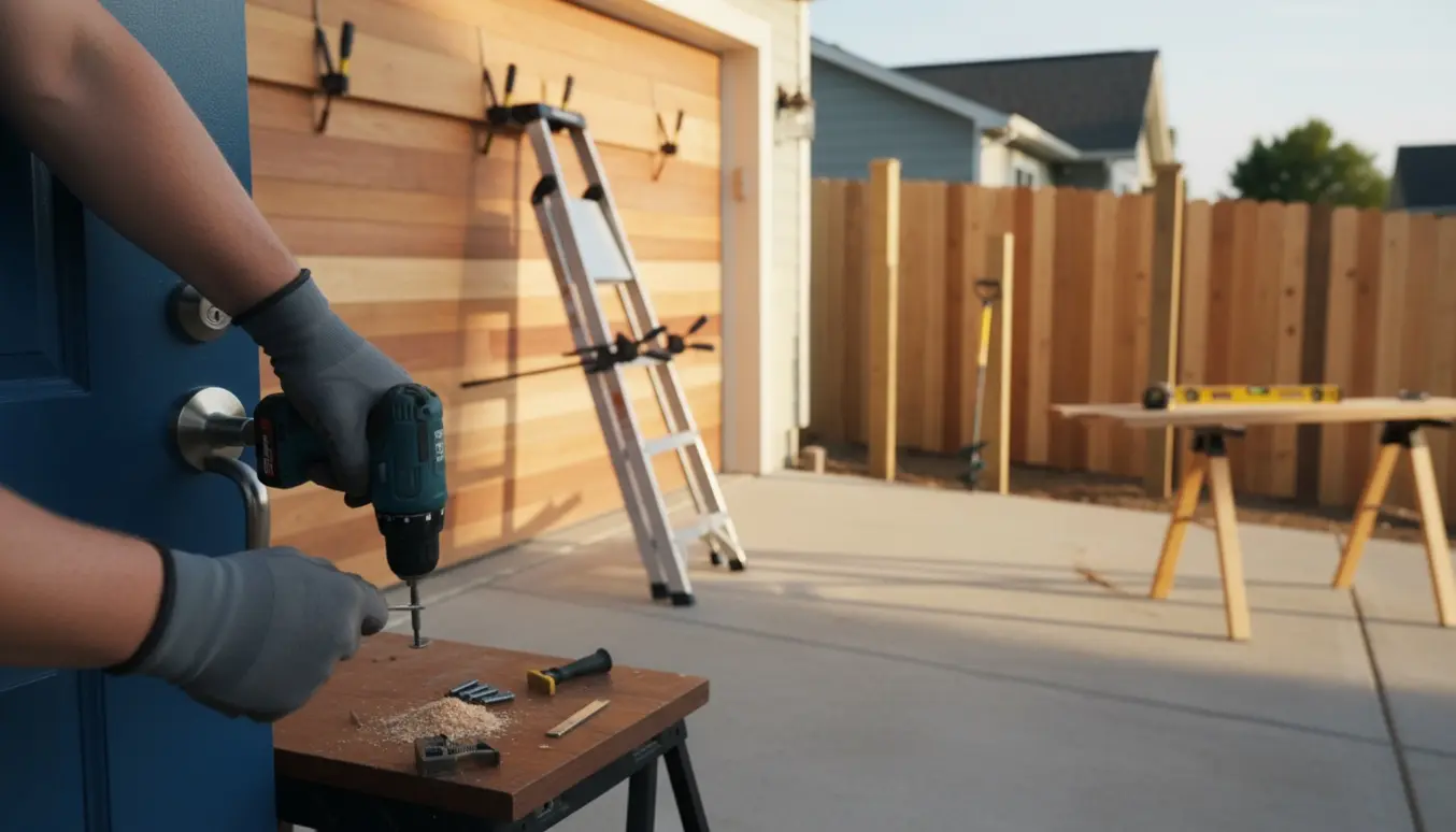 Hænder monterer et nyt dørgreb foran en garage med nye træpaneler og et delvist opført hegn.