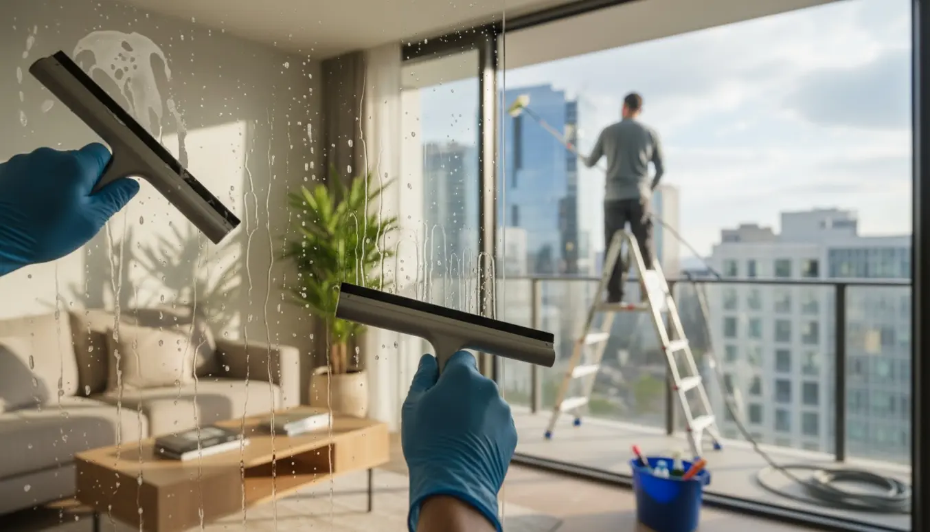 Hænder pudser lejlighedsvindue med gummiskraber indefra, mens en pudser udenfor på en stige rengør ruden.