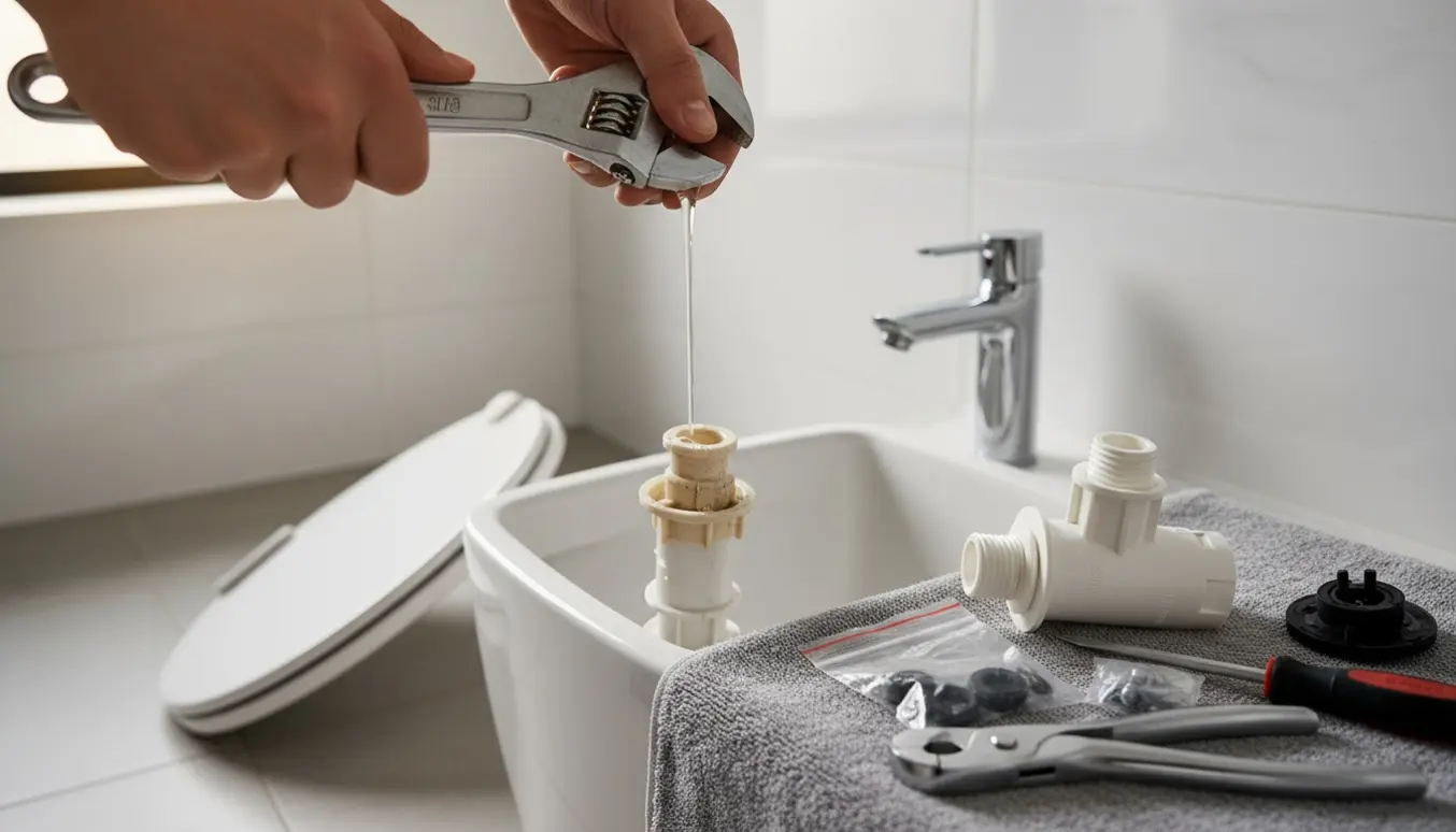 Åben toiletcisterne med hænder, der udskifter en defekt flyder og reservedele på et håndklæde.