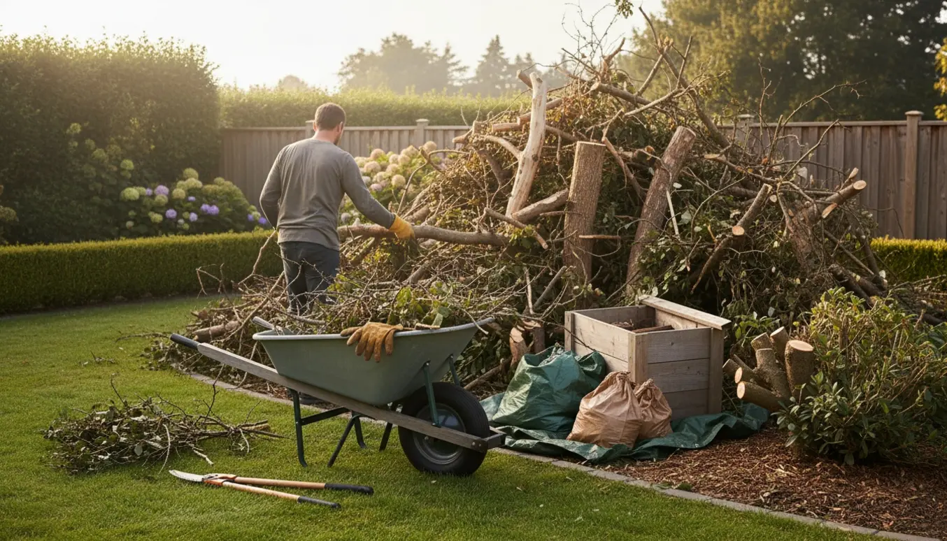 Stor bunke haveaffald med døde træstammer og tornefyldte grene ved en trillebør i en baghave.