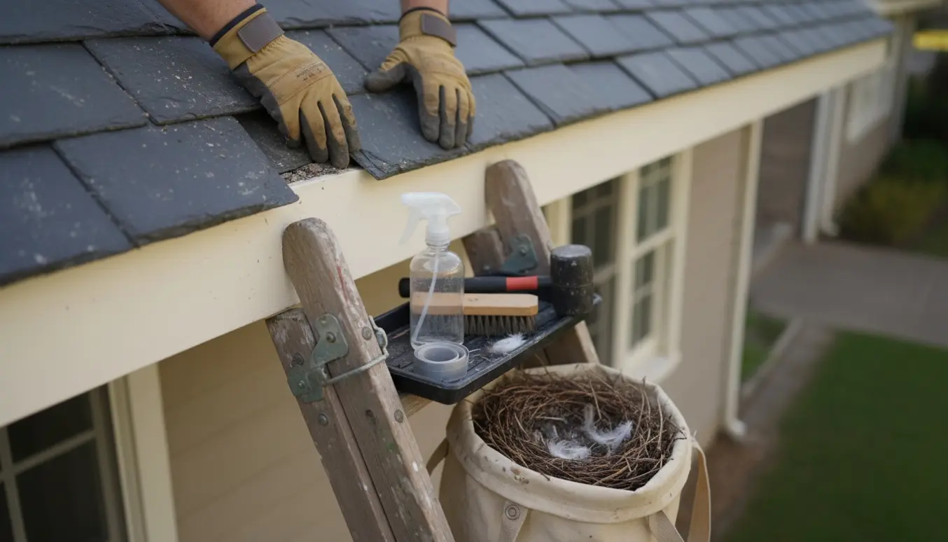 Hænder monterer en ny skifferplade i husets udhæng, mens en fuglerede er fjernet og rengøringsmidler og værktøj står klar.