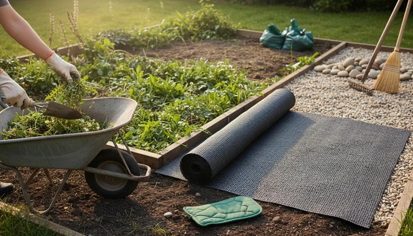 Småsten lægges på underlag i en lille 10 m² have, mens ukrudt fjernes og affald samles i en trillebør.