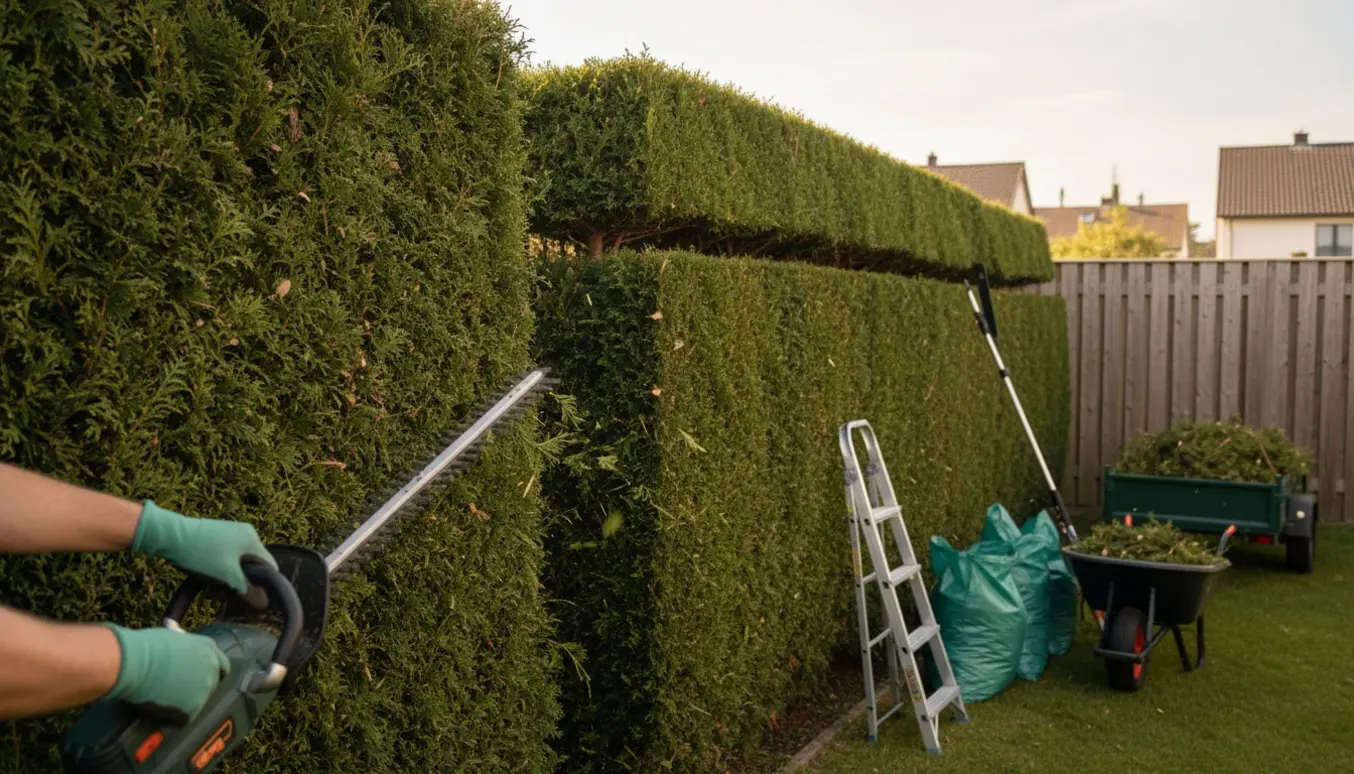 En thujahæk, der er skåret en meter tilbage med grene i trillebør og værktøj klar til bortskaffelse.