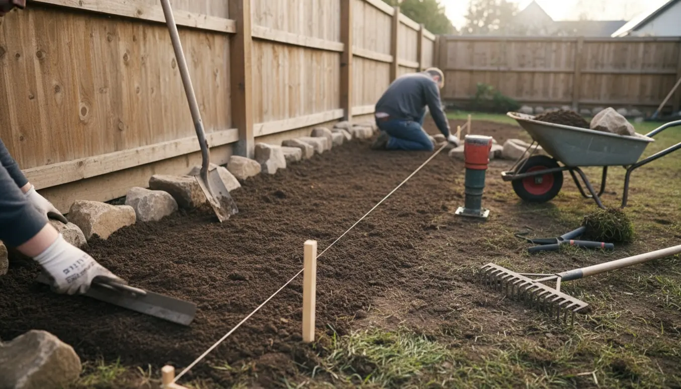Rydning og nivellering af jord med stenafgrænsning langs et hegn klar til nyt græs.