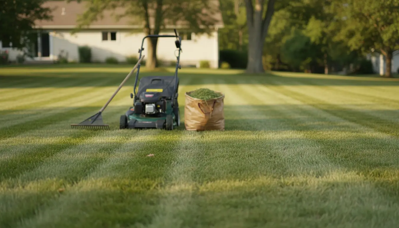 Stor forstadplæne med nyslået stribet græs, en slåmaskine og et uafklippet stykke klar til næste klipning.