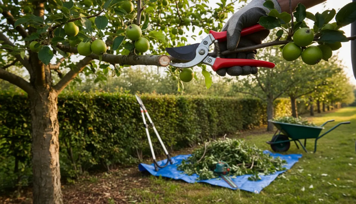 Hands klipper en frugttræsgren ved siden af en 2 m høj naturhæk og en skubbevogn med beskårne grene.