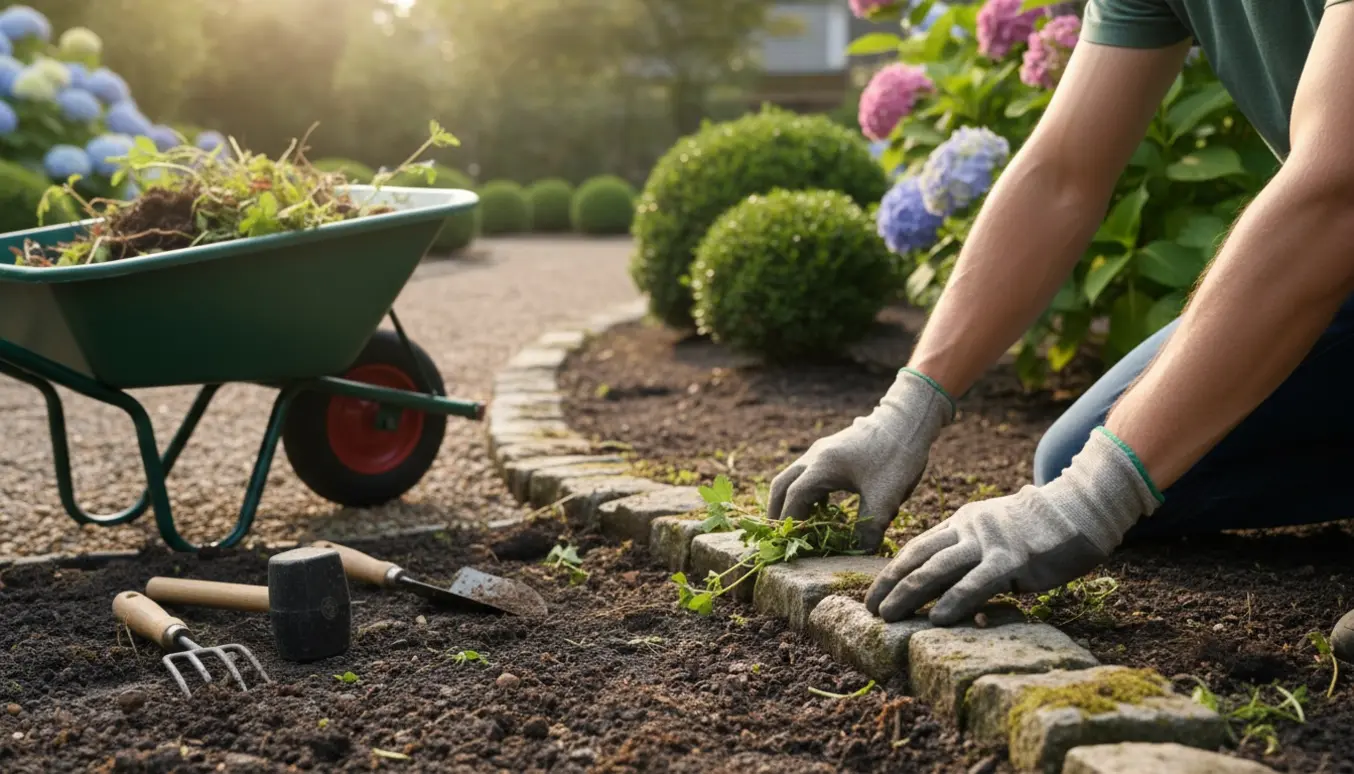 Nærbillede af hænder i havehandsker, der fjerner ukrudt og lægger brosten langs et bed.