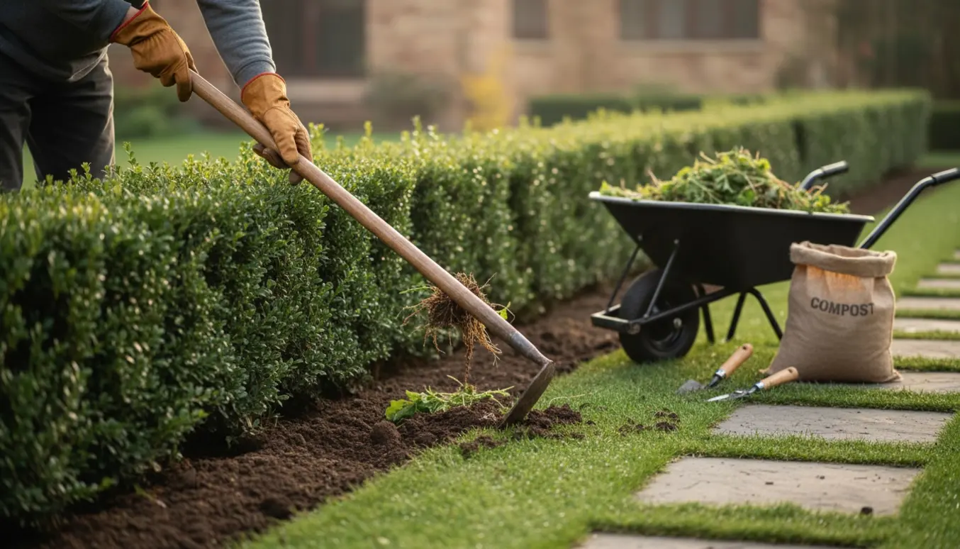 Nærbillede af redskaber og hænder, der fjerner ukrudt langs bunden af en nyanlagt hæk med en trillebør med grønt affald.