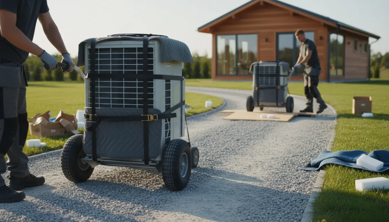 To realistisk billede af to varmepumper på dolly og vogn, båret mod et nyt træsommerhus langs en gruset indkørsel.