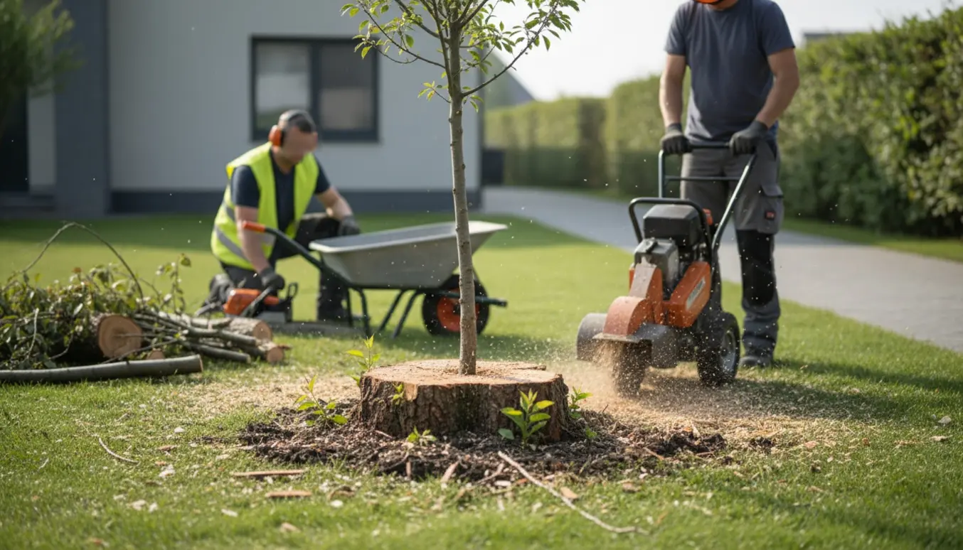 En stubfræser fjerner en japansk kirsebærtræsstub i en mellemstor forhave, med brædder og træflis ved siden af.