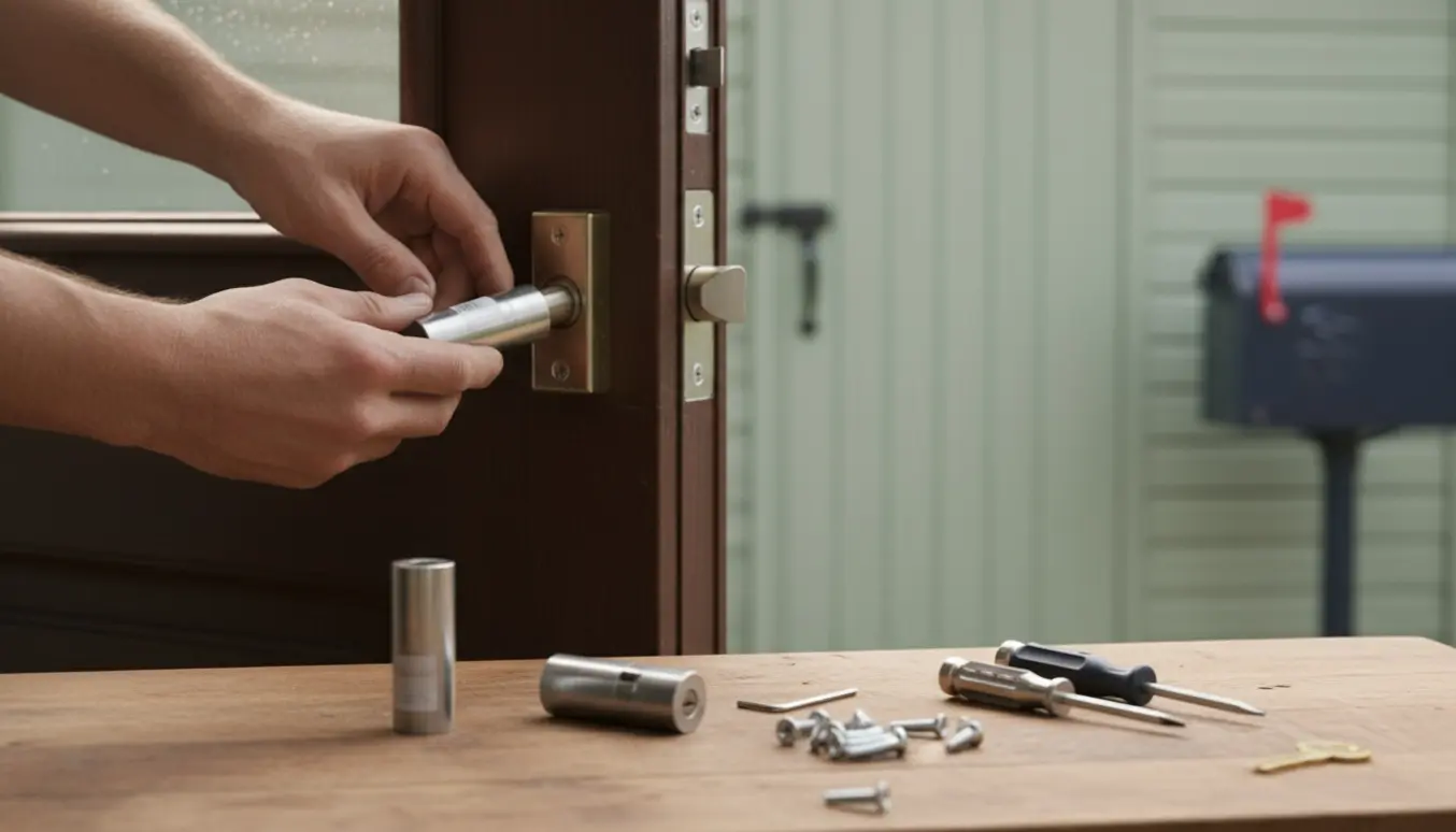Hænder udskifter en låsecylinder i hoveddøren med reservedele og værktøj på et bord, skur og postkasse i baggrunden.