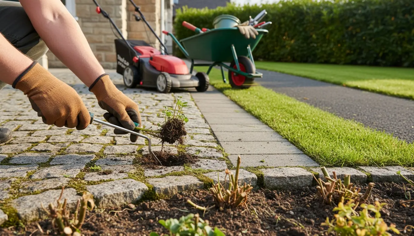 Gartner luger ukrudt mellem granitsten og slår kantgræs i en velplejet forhave.