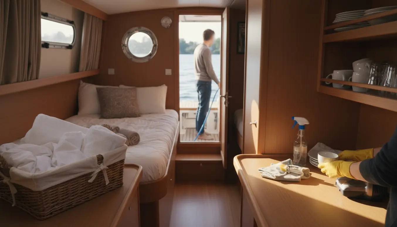 Interiør af en lille husbåd under rengøring med foldet sengetøj, rengøringsudstyr og en person, der fylder vandtank med ryggen til.