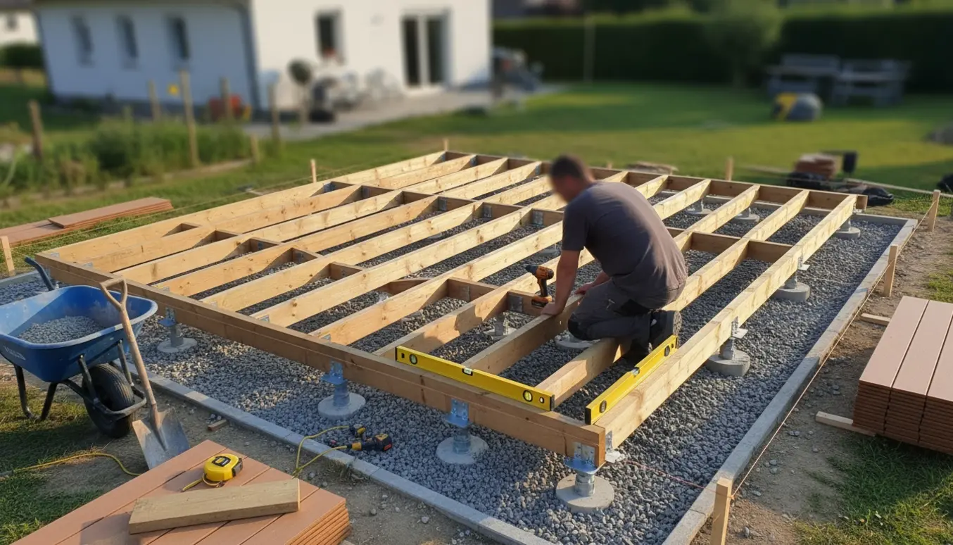 Funderingsarbejde til terrasse i baghaven med trykimprægnerede bjælker på betonblokke og værktøj.