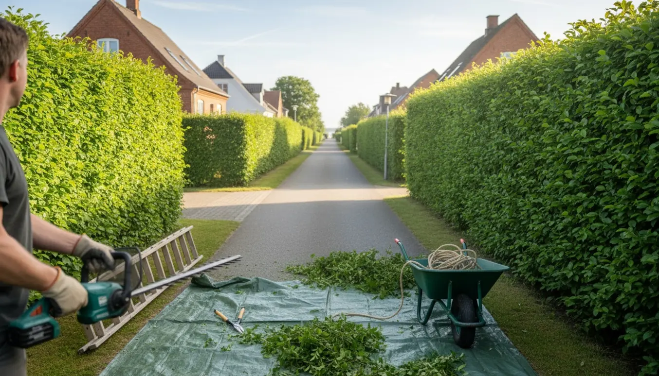 Lange grønne hække klippes langs en villavej i Mariager med hækkeklipper og opsamlede afklip.