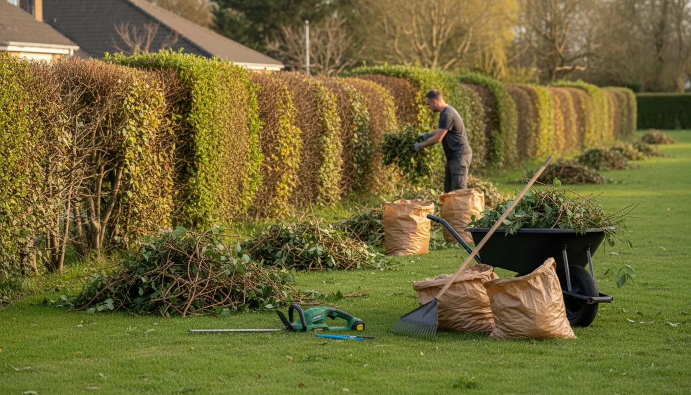 Lang nyklippet hæk med værktøj og opsamlede afklip klar til fjernelse.