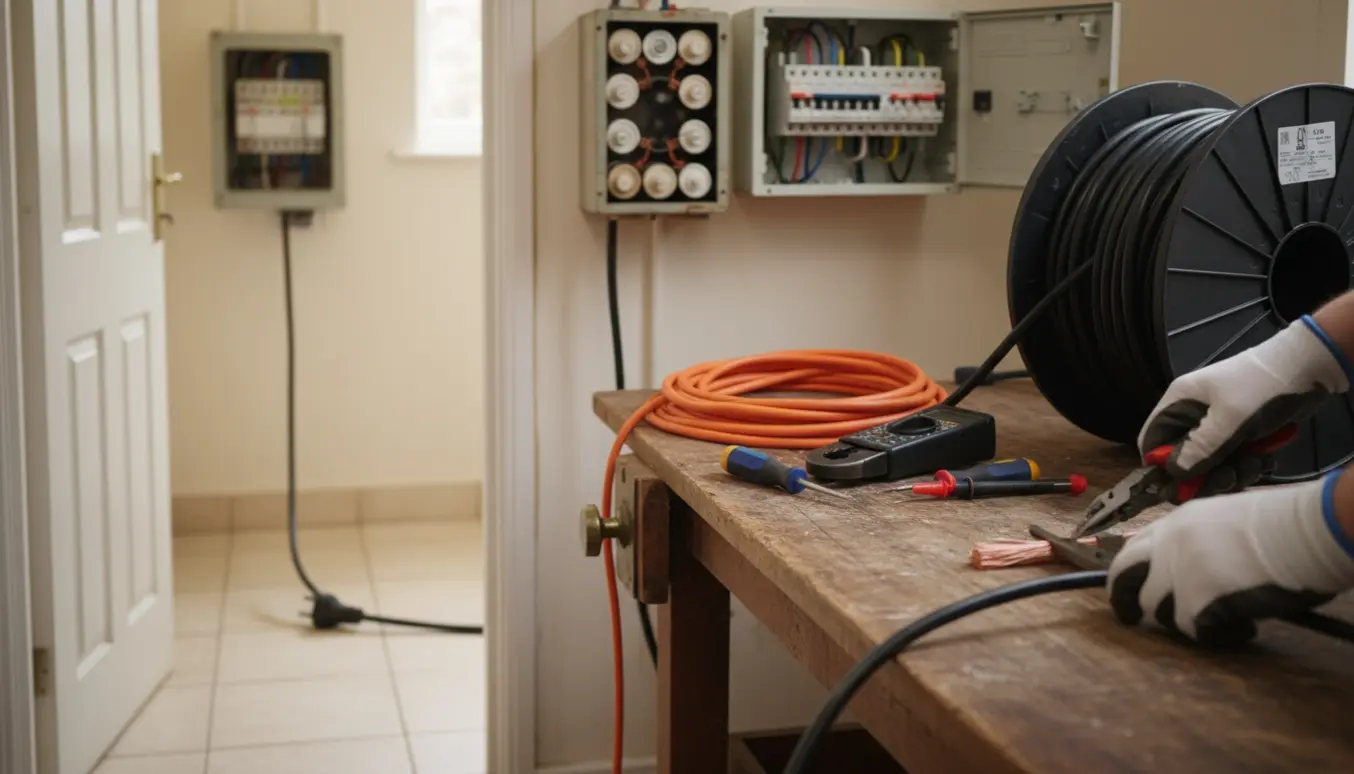 Elektriker arbejder med kabel i bryggers for at tilslutte et udespa, med gammel sikringsboks og moderne eltavle i baggrunden.